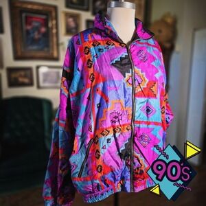 Vintage 90s Windbreaker Jacket Sport Essentials XL Neon Southwestern Geometric